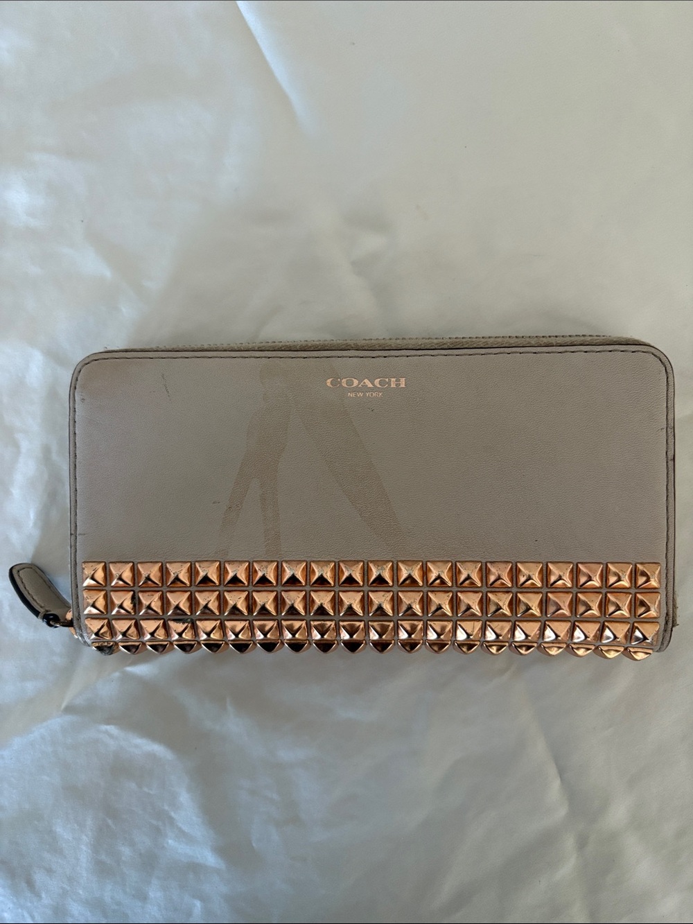 Coach Taupe Leather Zip Wallet with Rose Gold Stud Trim